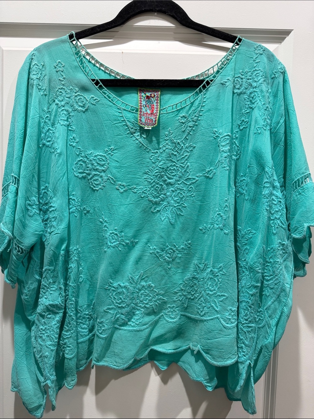 Johnny Was Turquoise Embroidered Flutter-Sleeve Tunic